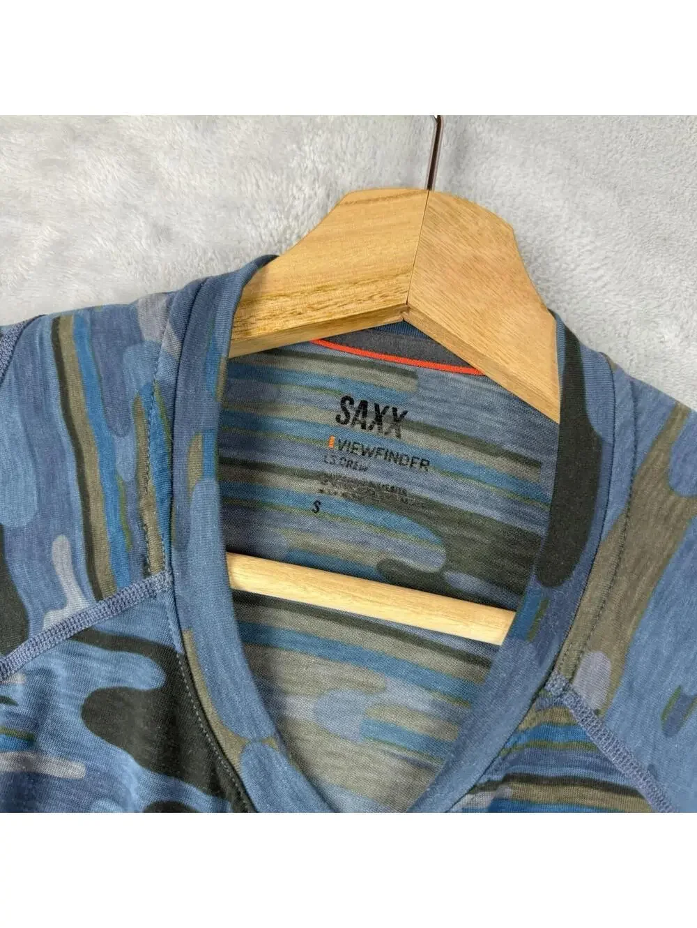 SAXX Viewfinder Merino Wool Blend Camo Base Layer Shirt Blue Mens S Outdoor Hike